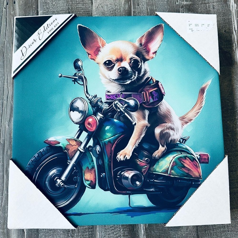 Biker Motorcycle Chihuahua Dog Portrait Canvas Wall Art Decor
